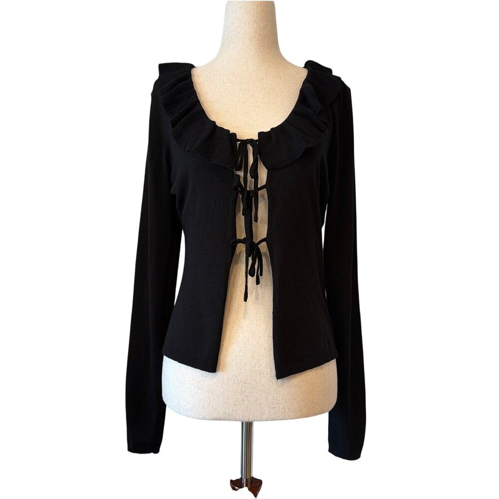 NWOT Naked Wardrobe Ruffle Tie Front Cardigan, Black, Women’s Size Large